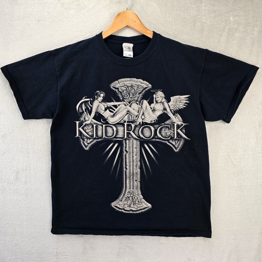 Vintage Kid Rock N Roll Revival Tour Shirt Mens Large Black 2008 Y2K Cross Angel